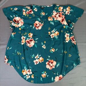 Torrid Harper Floral Blouse Size 1 Teal Pink Peplum Flutter Sleeve Plus Size